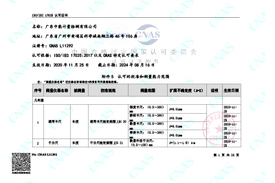 CNAS實驗室認可證書認可范圍(中文)