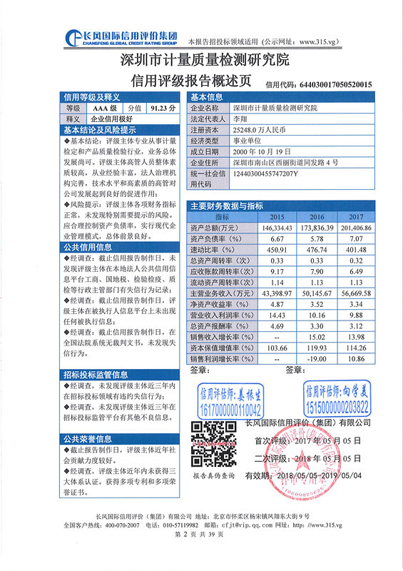 深圳市计量质量检测研究院AAA信用报告